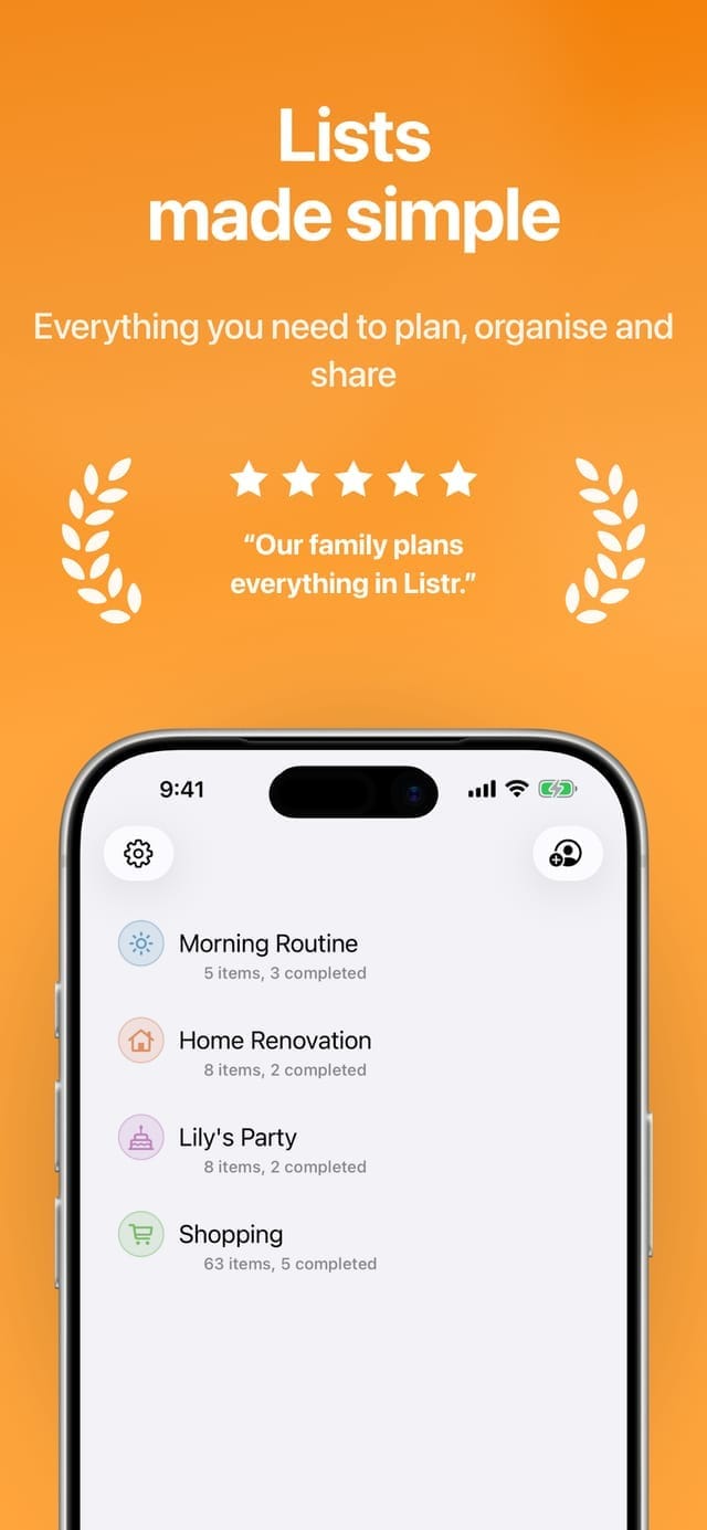 Listr home screen showing shopping, routine and project lists