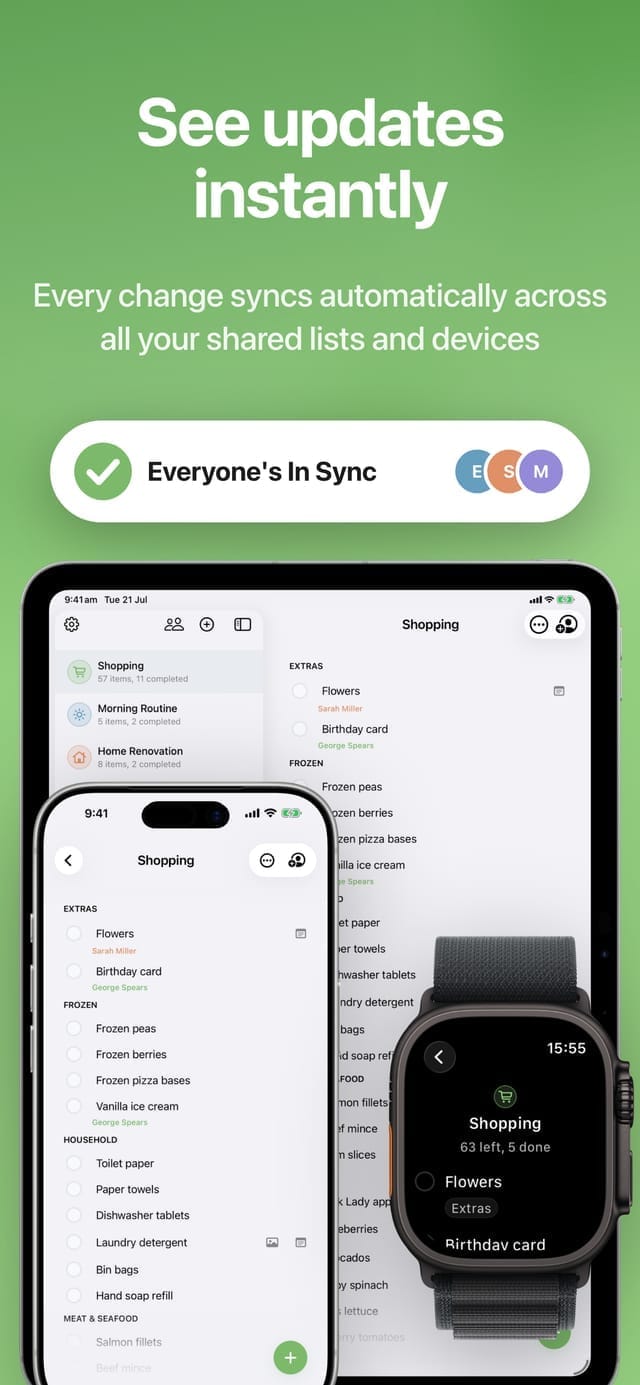 A shared shopping list syncing across iPhone, iPad and Apple Watch