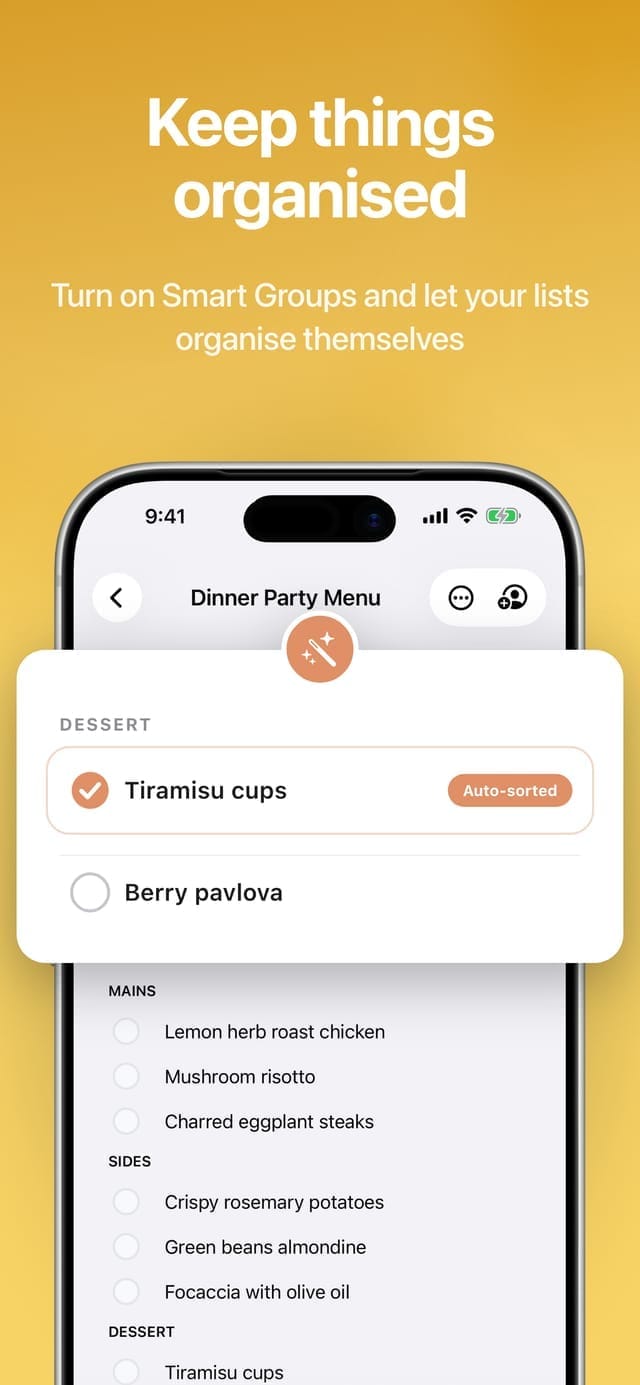 Auto-Group sorting list items into sections like Fruit, Dairy and Frozen Foods