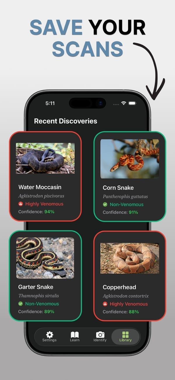 Snake discovery collection library in the Snake Identifier app
